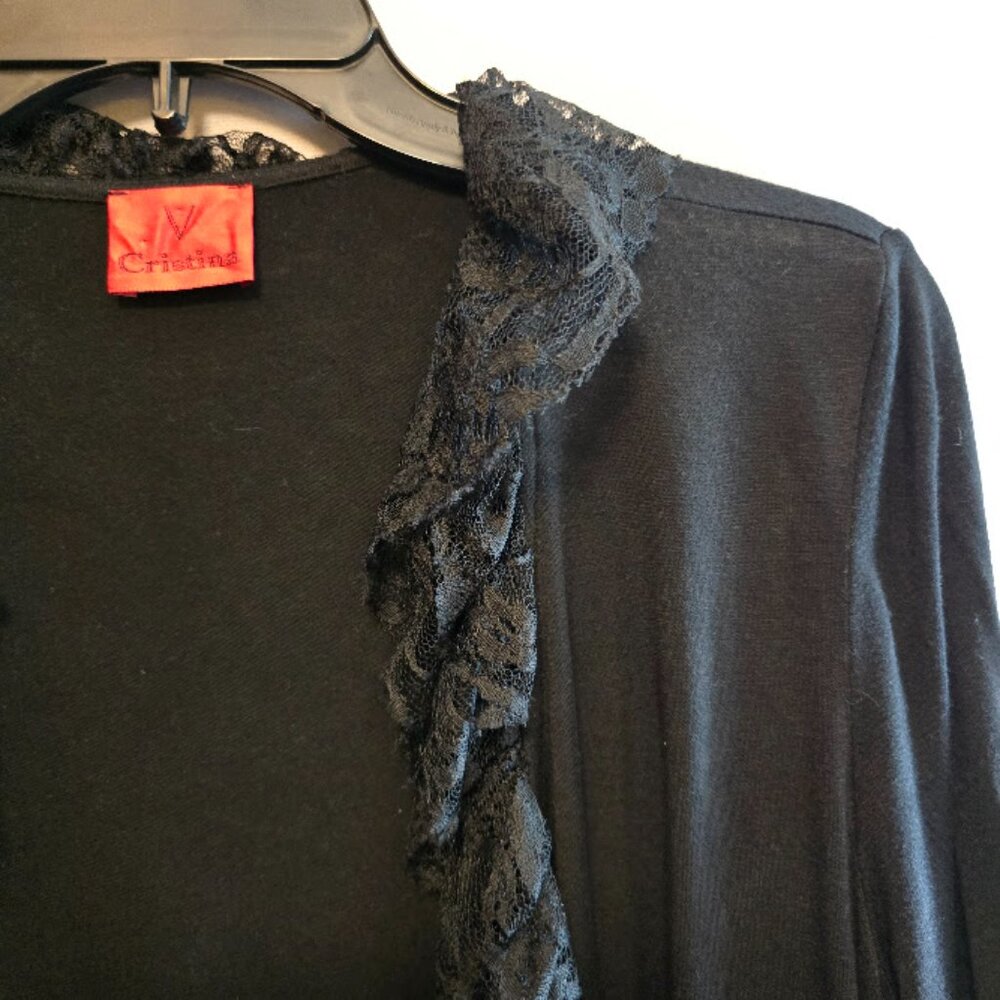 V CRISTINA BLACK OPEN RUFFLE CARDIGAN SWEATER SIZE LARGE LIGHTWEIGHT - Picture 5 of 10